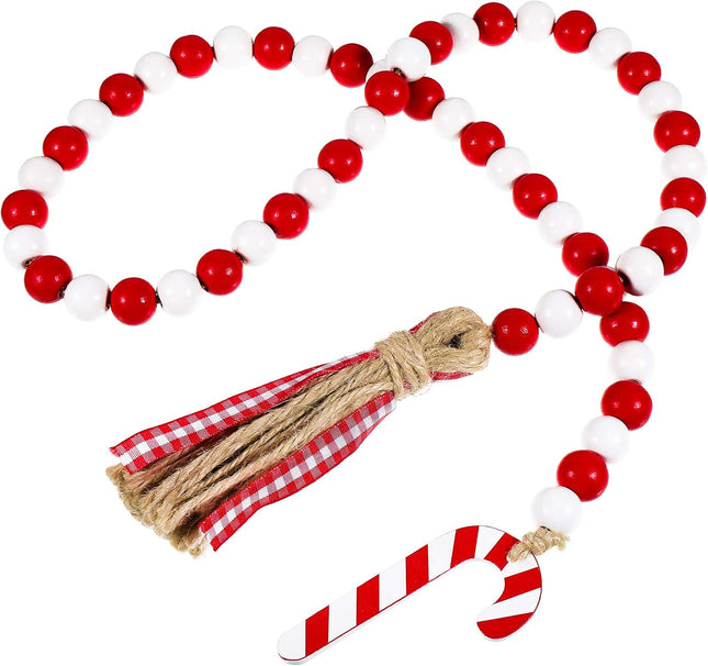 Chuangdi Christmas Wooden Bead Garland Wreath with Tassels 39 INES Decorated with Candy Canes Wood Bead Garland for Christmas Tree Tiered Tray Decor Home Farmhouse Wall Hanging Ornaments(Red White)
