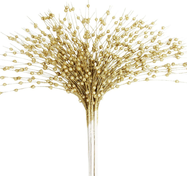 CCINEE Gold Artificial Glitter Berry Stem Ornaments, 10 pack 19.7 inches Fake Christmas Picks Decorative Glitter Bead Sticks for Christmas Tree DIY Wreath Crafts Vase Fireplace Holiday Home Decor