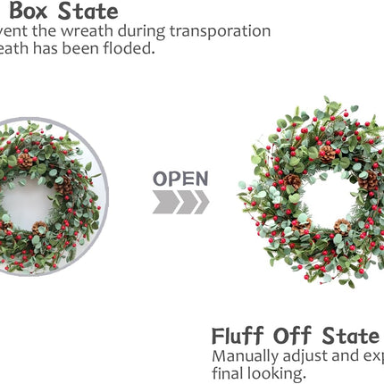 Idyllic Eucalyptus Wreath for Front Door,20" Red Berries Christmas Wreath with Pine Cones, Decorations for Everyday Farmhouse Window Outdoor/Indoor