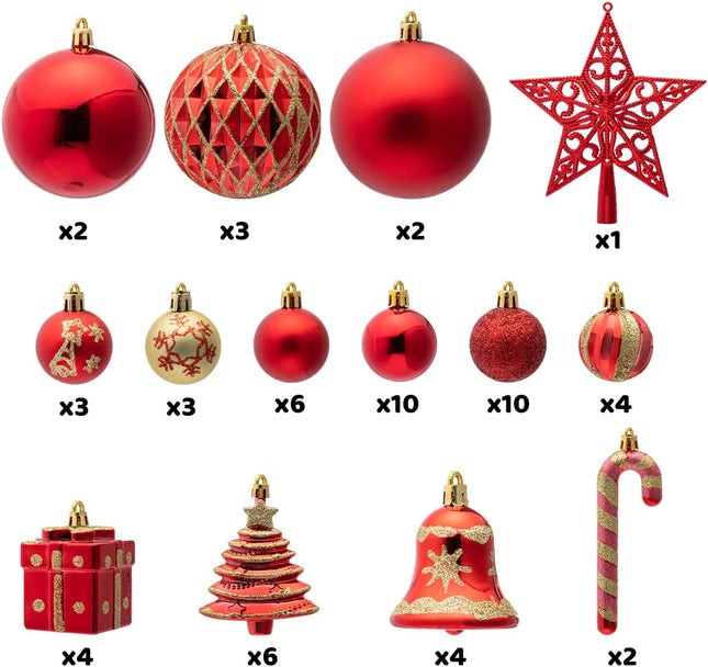 Joiedomi 60 Pcs Christmas Assorted Ornaments with a Star Tree Topper, Shatterproof Christmas Ornaments for Holidays, Party Decoration, Tree Ornaments, and Events (Red&Gold)