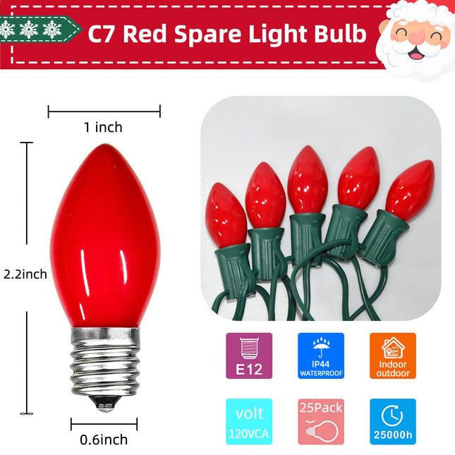 Waterproof UL Red Replacement Bulbs Christmas Tree Light Bulbs for Indoor and Outdoor Decoration with 25 Pack, C7/E12 Base, 5 Watt