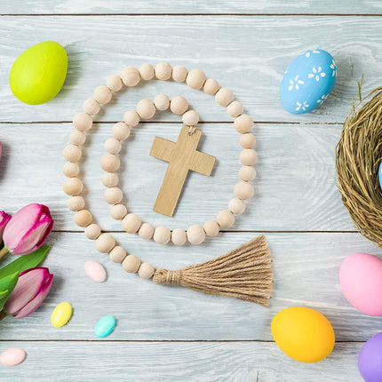 L1rabe Easter Wooden Bead Garland - Easter Jesus Cross Ornaments Bead Decoration Easter Hanging Decor Fireplace Ornaments Farmhouse Tiered Tray Prayer Bead for Easter Spring Holiday Party