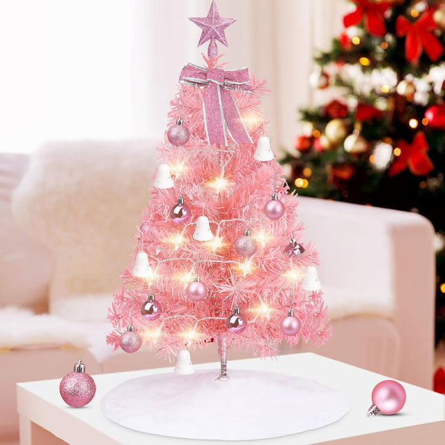 Mini Christmas Tree,24 in/60CM Artificial Small Christmas Tree with Led Lights/Ornaments, Tabletop Christmas Tree for Kids Christmas Decoration s(Pink)