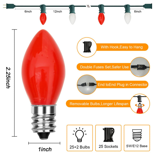 25Ft Red and White Christmas Lights,C7 Christmas String Lights with 27 Red White Ceramic Bulbs(2 Spare), Vintage Incandescent Christmas Lights for Outdoor Holiday Xmas Roofline Wedding Party