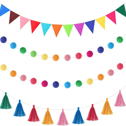 9.8 Feet Pom Pom Garland Rainbow Felt Fabric Garland Set Colorful Tassel for Classroom 3.6 Feet Felt Pennant Banner for Classroom School Christmas Home Birthday Party(Multicolor)