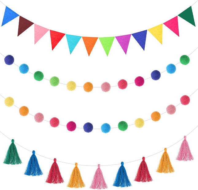 9.8 Feet Pom Pom Garland Rainbow Felt Fabric Garland Set Colorful Tassel for Classroom 3.6 Feet Felt Pennant Banner for Classroom School Christmas Home Birthday Party(Multicolor)