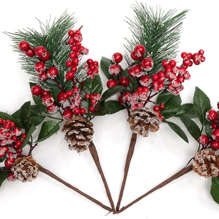 Artificial Christmas Picks, 12 PCS 12" Pine Branches Red Berry Twig Stems Pinecones Holly Snow Flocked Spray Flowers for Christmas Tree Wreath Floral Arrangement Winter Holiday Season Décor