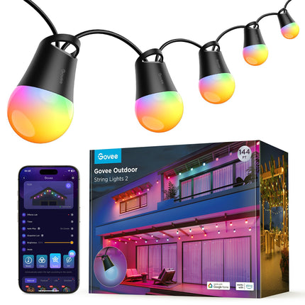 Govee Smart Outdoor String Lights 2, 144ft RGBIC Outdoor Lights with Dimmable Warm White LED Bulbs for Christmas, 47 Scene Modes for Patio, Backyard, IP65 Waterproof, Works with Alexa, App Control