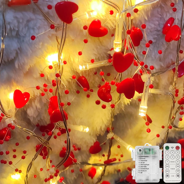 Christmas Valentines Day Heart Lights, 14Ft 40 LED Valentine Christmas Garland with Lights with Timer, Heart Bead Lights Battery Powered Valentines Day Decoration Lights for Home Bedroom Xmas Decor