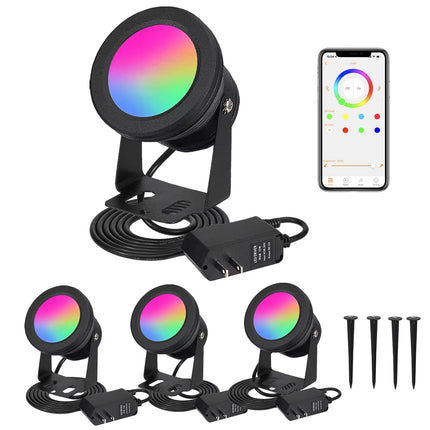 Spot Lights Outdoor, RGB Landscape Lighting 4XPack 15W IP67 Waterproof Spotlight Outdoor with Smart APP Control for Pathway Lights,LED Indoor Light(DC/AC 12V)