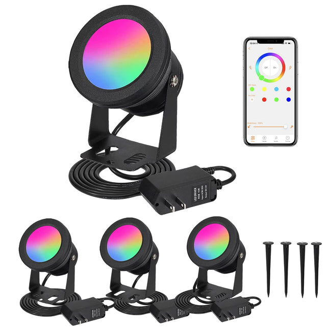 Spot Lights Outdoor, RGB Landscape Lighting 4XPack 15W IP67 Waterproof Spotlight Outdoor with Smart APP Control for Pathway Lights,LED Indoor Light(DC/AC 12V)