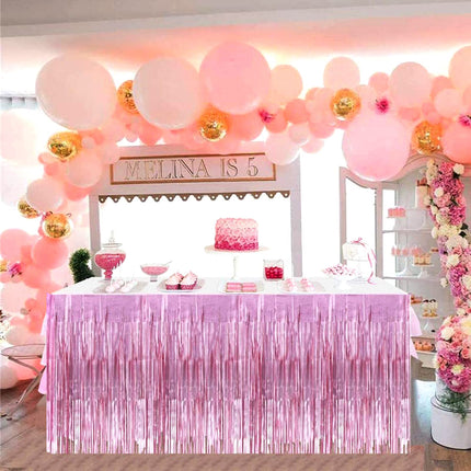4 Pack 29x108 Inch Metallic Foil Fringe Tinsel Table Skirts for Rectangle Tables Streamer Curtains Backdrop for Wedding, Birthday, Parade Floats, Christmas, Halloween Party Supplies(Pink)