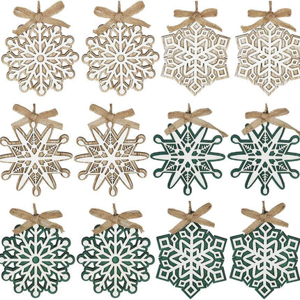 Partbus 12Pcs Snowflake Christmas Wood Cutouts, Unfinished Wooden Snowflakes Ornaments Embellishments for Xmas Decor, Christmas Tree Decorations with Drawstrings DIY Crafts