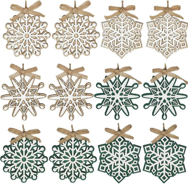 Partbus 12Pcs Snowflake Christmas Wood Cutouts, Unfinished Wooden Snowflakes Ornaments Embellishments for Xmas Decor, Christmas Tree Decorations with Drawstrings DIY Crafts