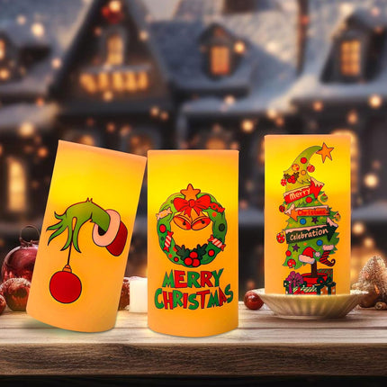 Whaline 3Pcs Merry Christmas LED Flameless Candles Funny Cartoon Characters Flickering Candles Warm Light Battery Operated Pillar Candles Xmas Tree Garland Electric Candles for Holiday Home Decor