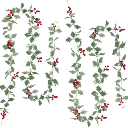 2Pcs 7.87ft Red Berry Christmas Garland with Green Leaves Wired Artificial Holly Berry Garland Xmas Decorations for Indoor Outdoor Fireplace Mantle Stairs Table Winter Year Holiday Decor