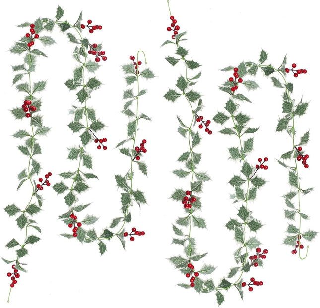 2Pcs 7.87ft Red Berry Christmas Garland with Green Leaves Wired Artificial Holly Berry Garland Xmas Decorations for Indoor Outdoor Fireplace Mantle Stairs Table Winter Year Holiday Decor
