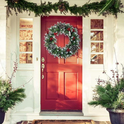 Christmas Wreath for Front Door, 18inch Pre-lit Artificial Xmas Wreath with Hook, 50 LED Lights&Timer for Door Window Wall Stairs Outdoor Decorations