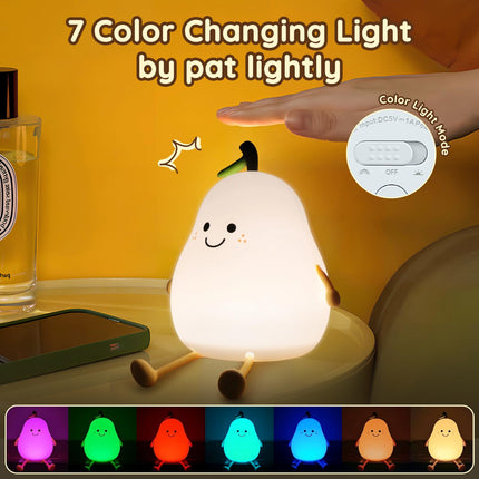 Cute Fruit Pear Night Light Rechargeable with 7 Color Changing and Timer, Kids Pear Night Light for Toddler Baby Christmas s, Touch Portable LED Silicone Lamp for Nursery