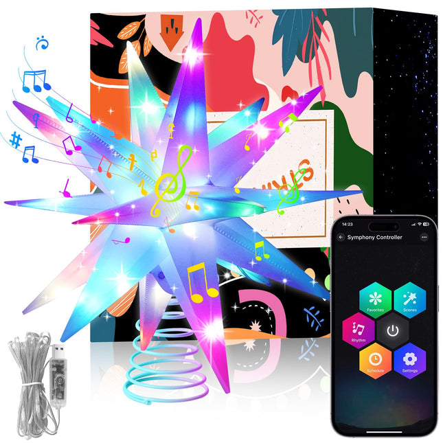 Heceltt Christmas Star Tree Topper,14.6In 60LED Smart RGB Moravian Star Light, Bluetooth App Control-Music Sync Color Changing LED Christmas Tree Light Indoor Decor