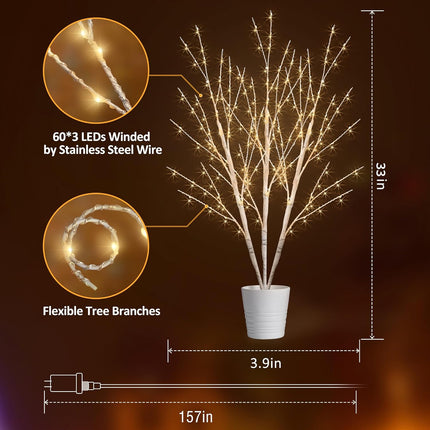 Bexdir Lighted Birch White Branches for Vase 33IN 180LED with Timer Plug in, Artificial Tree White Birch Twig for Christmas Home Decor Party Wedding Bedroom