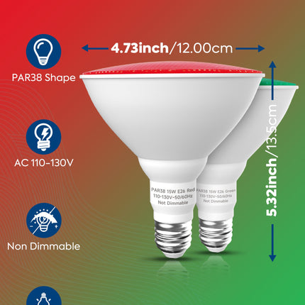 PAR38 Red Green LED Lights for Outside [Christmas Combo], 150W Flood Light Bulbs Equivalent, 15W 1200LM, Colored Outdoor Flood Light Bulb, E26 Base Not-dim for Christmas, Halloween, 2 Pack