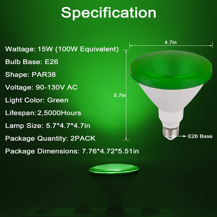 Par38 Green Light Bulb - 15W (100Watt Equivalent) - E26 Green Flood Lights 2 Pack, Party Decoration, Porch, Home Lighting, Holiday Lighting, Halloween, LED Green Light Bulb Outdoor Indoor (Green)