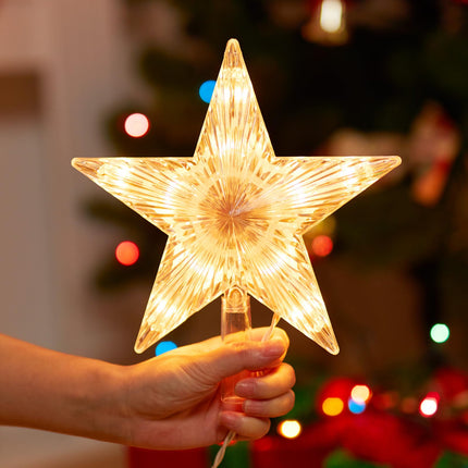 Christmas Tree Topper Lighted Star with Built-in 10 Replaceable Bulbs, 9.5” Clear Five-Pointed Star Tree Topper Plug in for Indoor Office Xmas Year Holiday Tree Decoration, Warm White