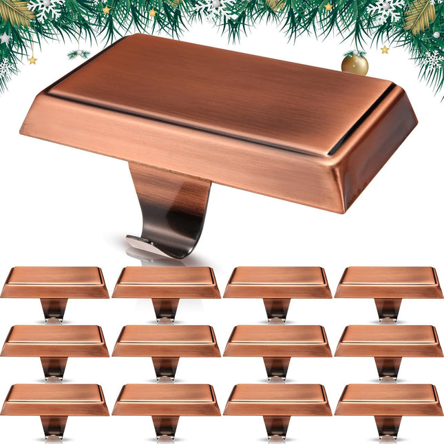 Yexiya 12 Pcs Christmas Stocking Hangers for Stairs Mantel Metal Garland Holders Weighted Fireplace Hanger Xmas Stocking Hanging Hooks DIY Blank Stocking Holders Bases for Holiday Counter (Copper)