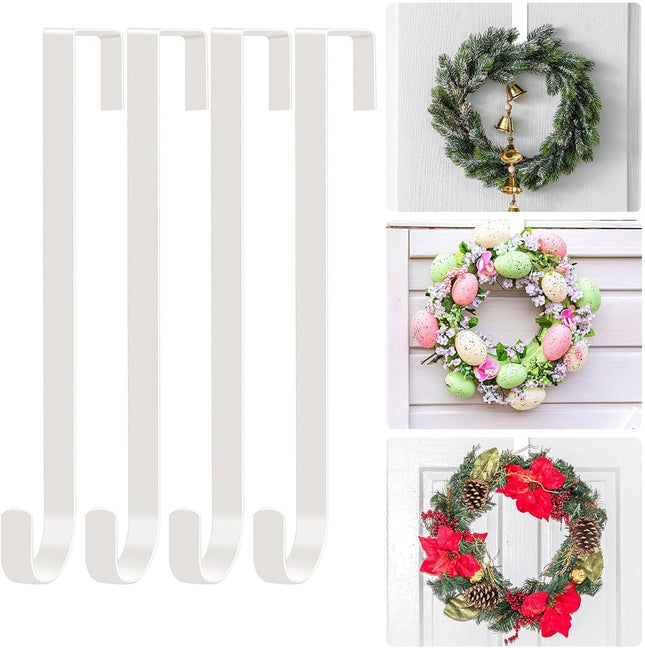 12" Wreath Hangers for Front Door, 4 Pack Over The Door Wreath Hooks Hanger, White Metal Front or Back Door Wreath Holder Hanger Hooks for Hanging Halloween Christmas Front Door Decor Wreath