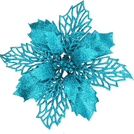 24 Pcs Christmas Teal Blue Glittered Mesh Holly Leaf Artificial Poinsettia Flowers Picks Tree Ornaments 5.9" W for Teal Blue Christmas Tree Wreath Garland Floral Winter Wedding Holiday Decoration