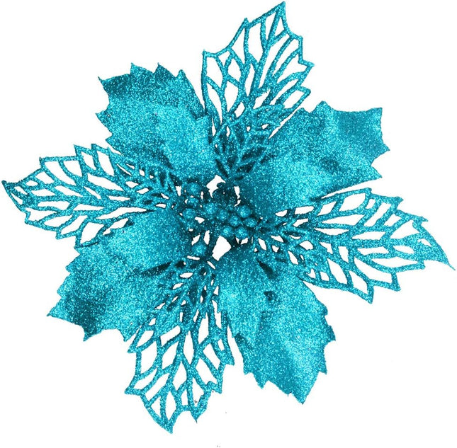 24 Pcs Christmas Teal Blue Glittered Mesh Holly Leaf Artificial Poinsettia Flowers Picks Tree Ornaments 5.9" W for Teal Blue Christmas Tree Wreath Garland Floral Winter Wedding Holiday Decoration