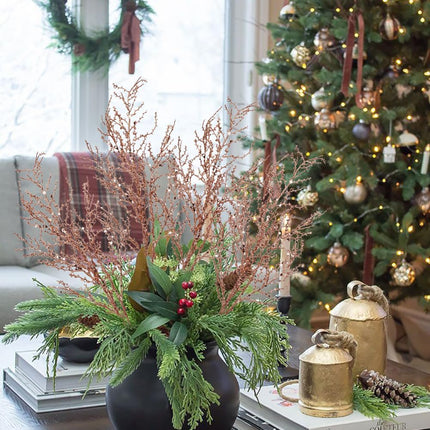 30.7" Christmas Rose Gold Glitter Stems, 5Pcs Artificial Spray Leaf Picks Tall Branches for Christmas Tree DIY Xmas Wreath Garland Arrangment Vase Bouquets Table Centerpieces Decoration Home Decor