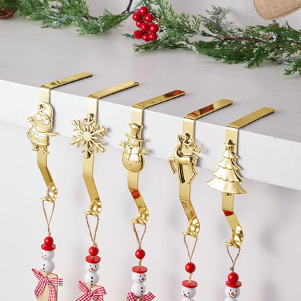 Stocking Holders for Mantle, Set of 5 Christmas Stocking Holders for Fireplace, Stocking Hangers for Mantel, Snowflake Reindeer Tree Santa Stocking Hanger Hooks for Christmas Mantel Decoration, Gold