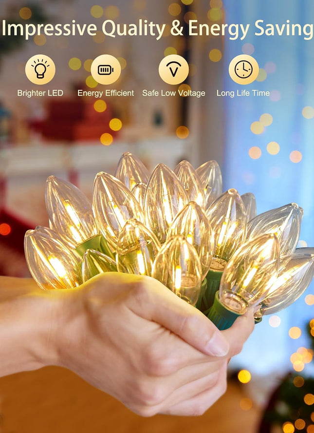 Vintage C9 LED Christmas Lights, 25Ft C9 String Lights with 25 LED C9 Plastic Bulbs, Waterproof Connectable Outdoor Lights for Christmas Tree Roofline Garden Patio Backyard Cafe Decor, Warm White