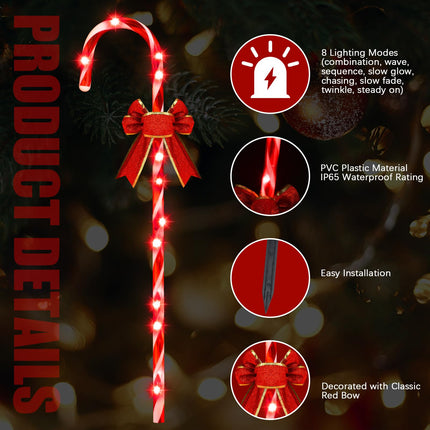 Leinuosen 20 Pcs 30" Solar Christmas Candy Cane Lights Pathway Walkway Markers Light with Red Bow Waterproof Garden String Light Dec with 200 LED Light Xmas Patio Yard Lawn Holiday (20,Vintage)