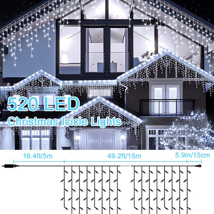 Icicle Christmas Lights Outdoor, 66ft 520 LED Icicle Lights for Outside, Plug in String Lights with 8 Modes Timer Waterproof for House Holiday Decor Wedding Christmas Decorations (White)