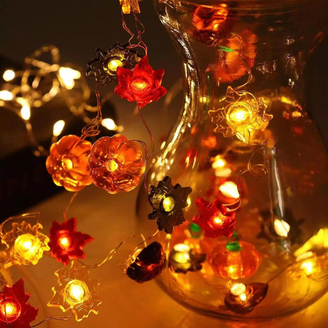 Thanksgiving Decoration 10FT 30 LED 3D Pumpkin Maple Acorn Leaf String Lights Battery Operated USB Plug Remote Timer Orange Fall Lights for Home Autumn Garland Harvest Halloween Party Christmas Decor