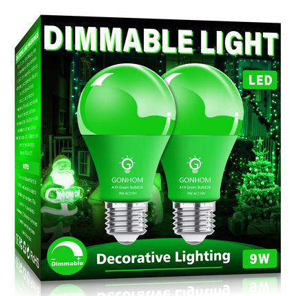 A19 LED Green Light Bulb, 9W Equivalent to 100W, Dimmable, E26 Base, 20000Hrs, for Party Decoration, Holiday Lighting, Halloween Light Bulbs, 2 Pack