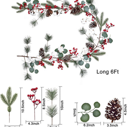 Artiflr 6FT Christmas Pine Garland with Berries Pine Cones Spruce Eucalyptus Leaves Cotton Balls Winter Greenery Garland, Artificail Berry Garland for Holiday Fireplace Table Runner Centerpiece Decor