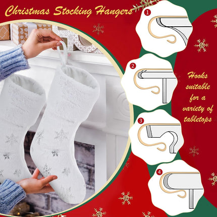 6 Pcs Christmas Stockings with 6 Pcs Stocking Holders Set 20 Inch White Faux Fur Xmas Stockings Embroidered Snowflake Xmas Stocking Large Family Holiday Fireplace Hanging Decor(Silver,Cute)