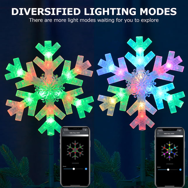 Snowflake Christmas Tree Topper, 9" Smart Christmas Star Tree Topper with App Control, Music Sync RGB Color Changing Christmas Twinkly Lights for Indoor Home Xmas Tree Decorations
