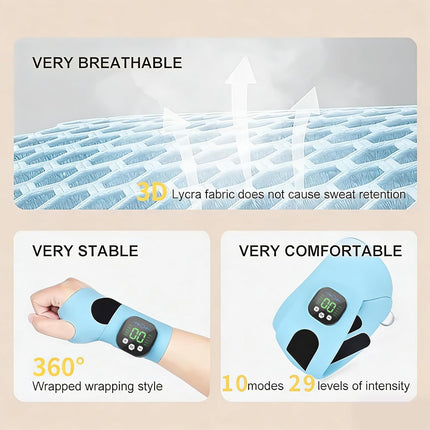 Aocesk Wrist Massager with Heat, Cordless Electric Hand Wrap with 10 Modes & 29 Intensity Levels, Ergonomic 360° Support for Joint Discomfort & Typing Fatigue (Blue)