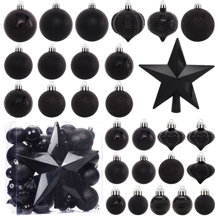52-Pack Shatterproof Black Christmas Tree Ornaments and Star Topper - For Holiday Decor