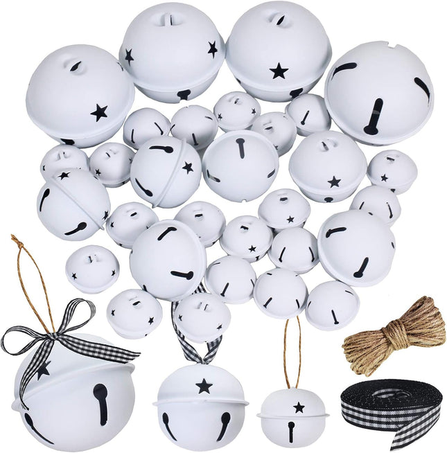 Winlyn 30 Pcs White Jingle Bells with Star Cutouts Christmas Metal Sleigh Bells Rustic Craft Bells for Christmas Tree Wreath Garland Ornaments Holiday DIY Decorations Assorted Sizes 1.6" 2.4" 3.5"