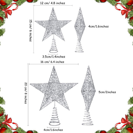 Blulu 2 Pieces Metal Glittered Christmas Tree Topper Star Treetop Hollow Wire Star Topper for Christmas Tree Ornament, 2 Sizes (Silver)