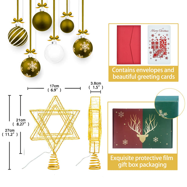 11 Inch Christmas Tree Star Topper 3AA Battery Powered Christmas Tree Topper Lighted, Gold Iron Christmas Tree Star Topper with 20LED Lights, for Christmas, Party & Home(Warm Light)