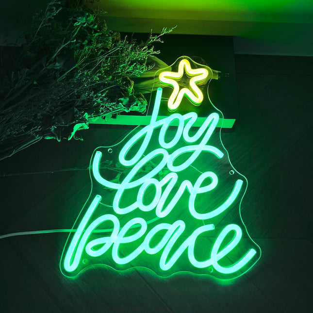 Christmas Neon Signs Joy Love Peace Xmas LED Neon Light USB &Battery Powered Hanging Christmas Decorations Indoor Green Christmas Light Up Sign for Bedroom Kids Room Living Room Shop Window Decor