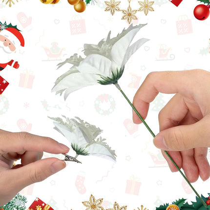 Poinsettia Christmas Decorations Flowers - 12Pcs Artificial Red Gold Poinsettia Christmas Tree Ornaments Glittery for Xmas Year Wedding Party Wreath DIY Garland Decor (White)