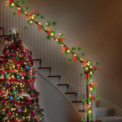Christmas Garland with Lights, 6.6ft 20 LED Battery Operated Pine Garland with Timer, Lighted Christmas Garland for Mantle Fireplace Stairs Window Table Tree Christmas Kitchen Decor